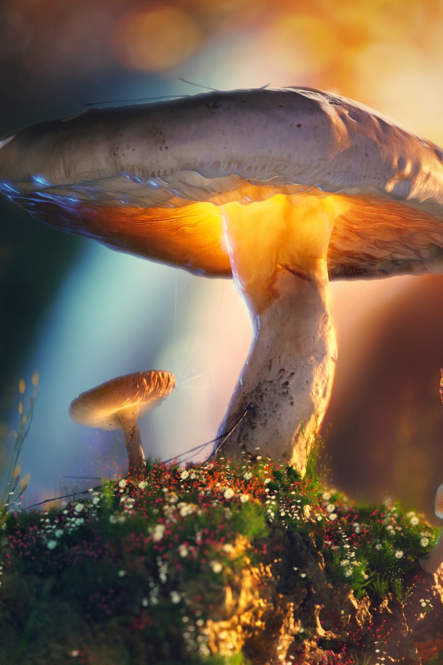 Паук висит на паутине на грибе