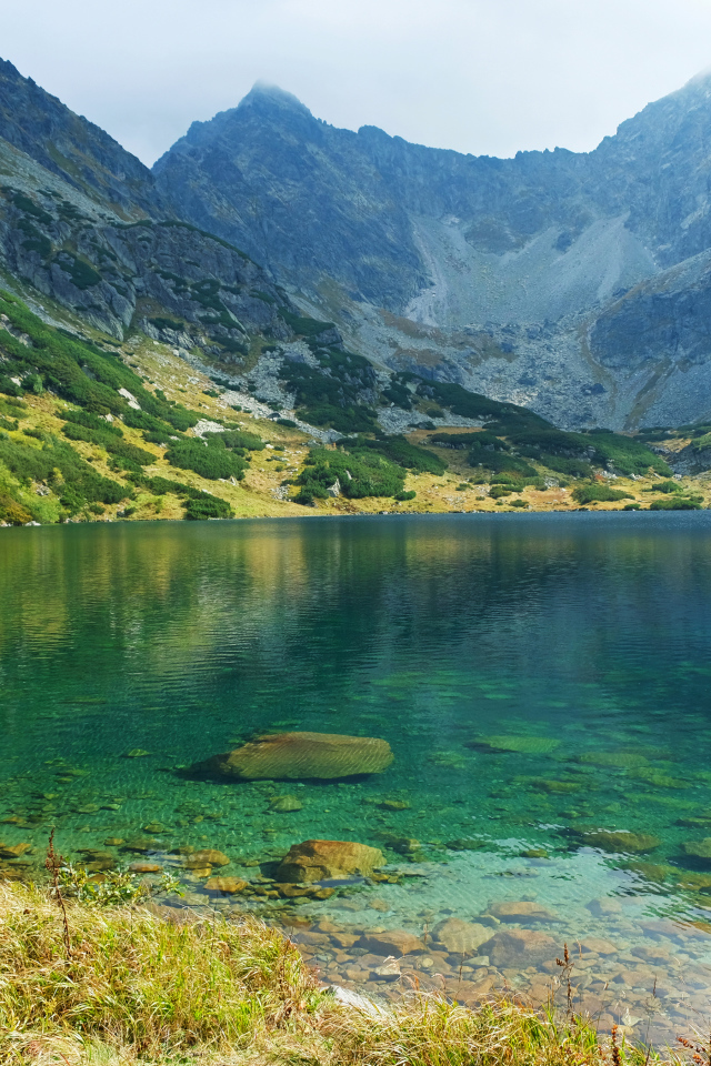 Озеро с чистой водой у подножия высоких гор