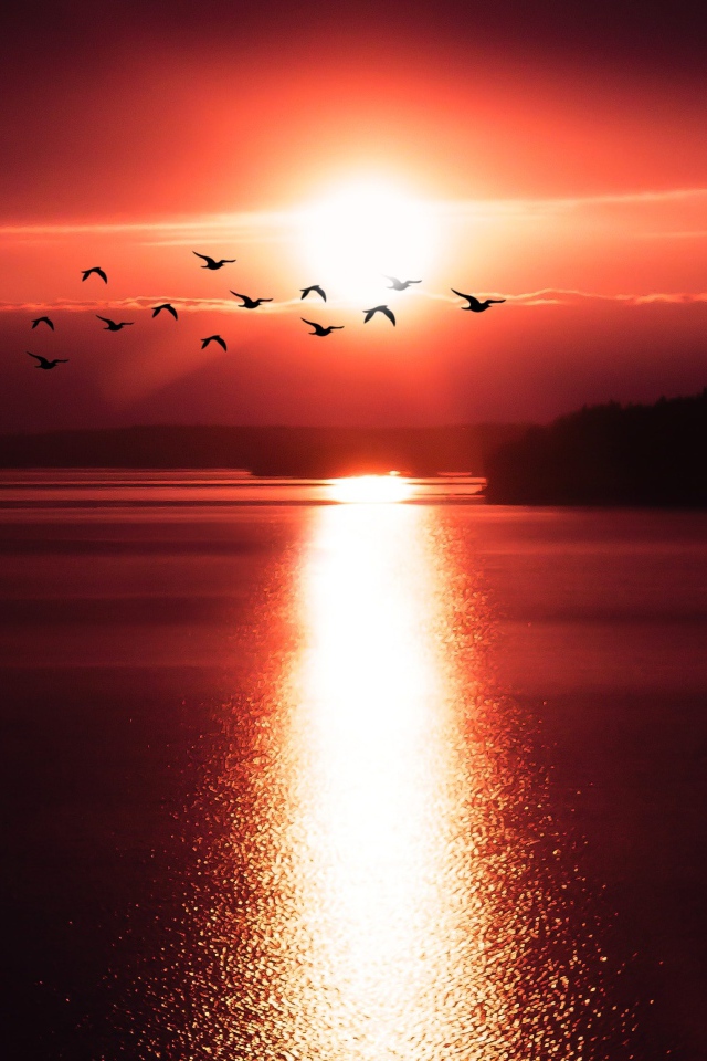 Солнце на закате оставляет дорожку на воде