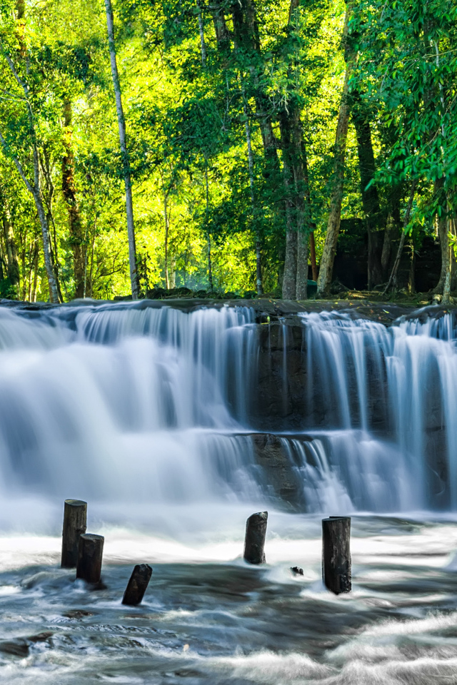 Водопад стекает с камней у зеленых деревьев