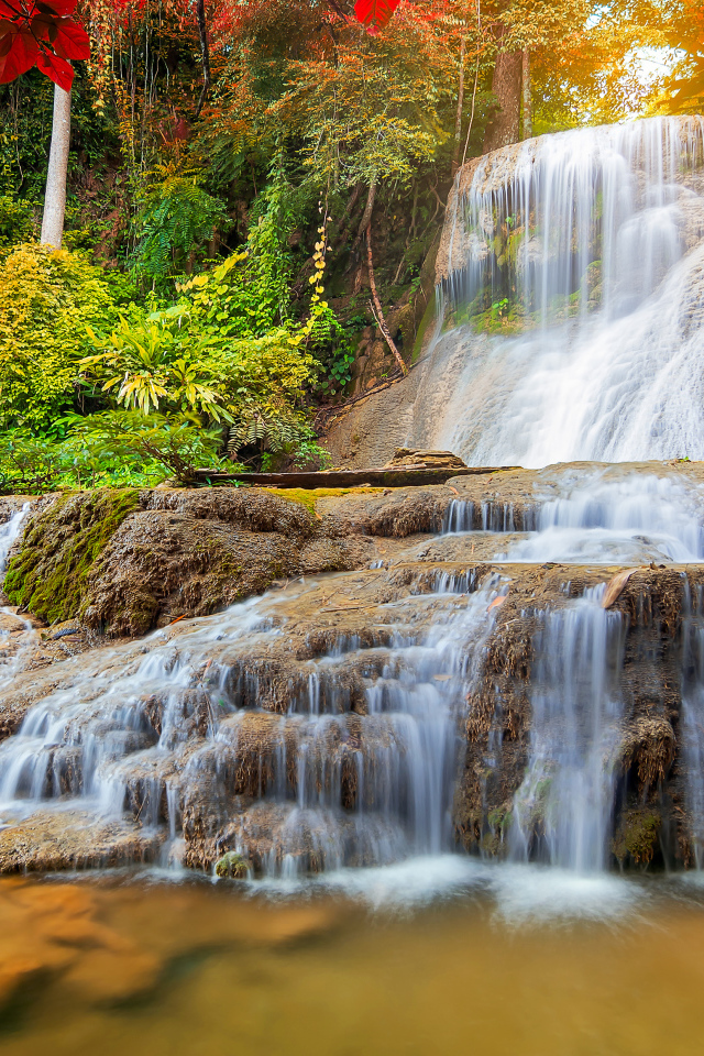 Белая быстрая вода водопада стекает по земле в лесу