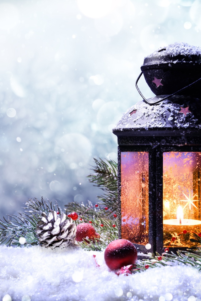 Красивый фонарь со свечой и елочной веткой, шаблон 