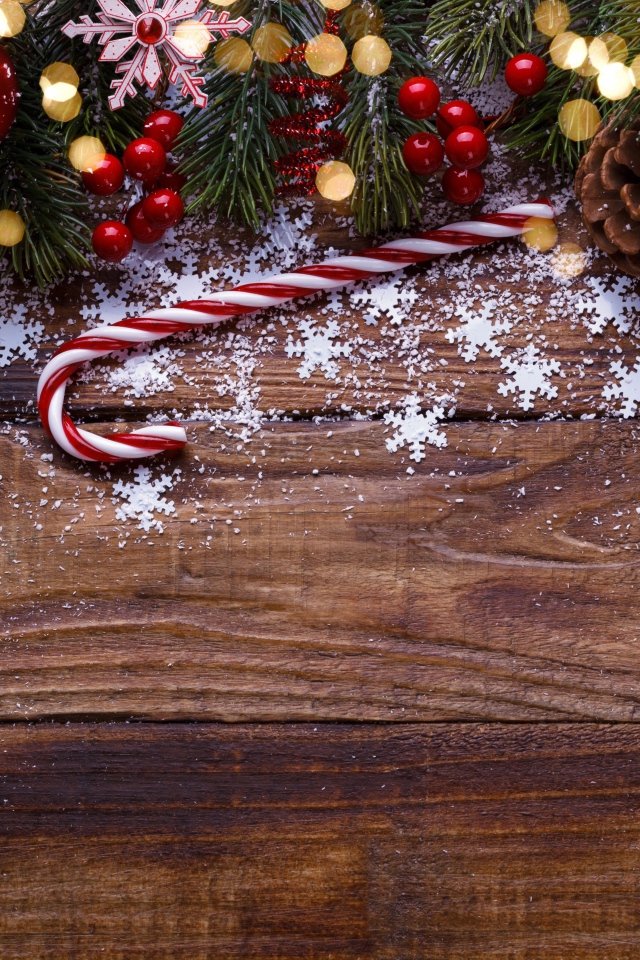 Новогодний декор на деревянном фоне, шаблон для открытки 