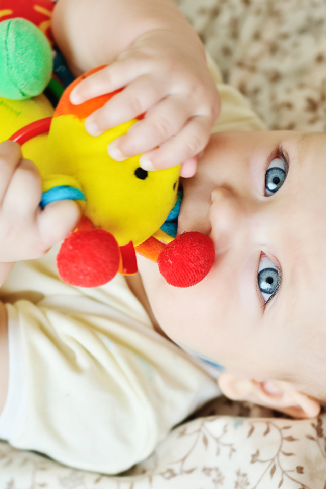 Маленький голубоглазый ребенок грызет игрушку