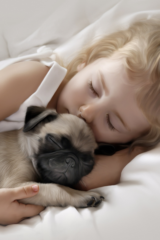 Маленькая милая девочка спит со щенком мопса