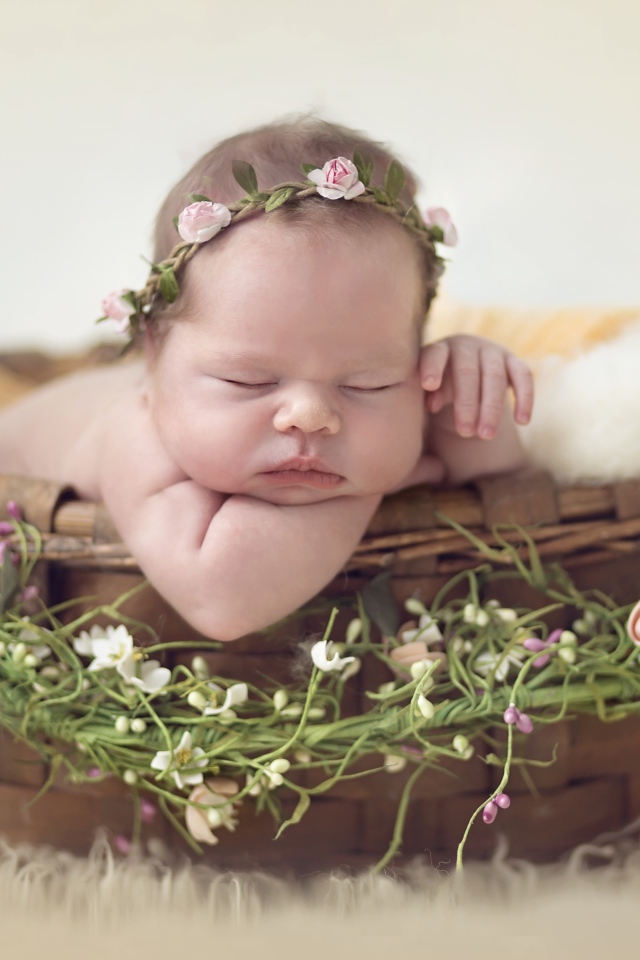 Спящий грудной ребенок в корзине с венком из цветов