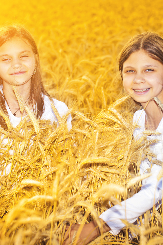 Две улыбающиеся девочки на поле с пшеницей