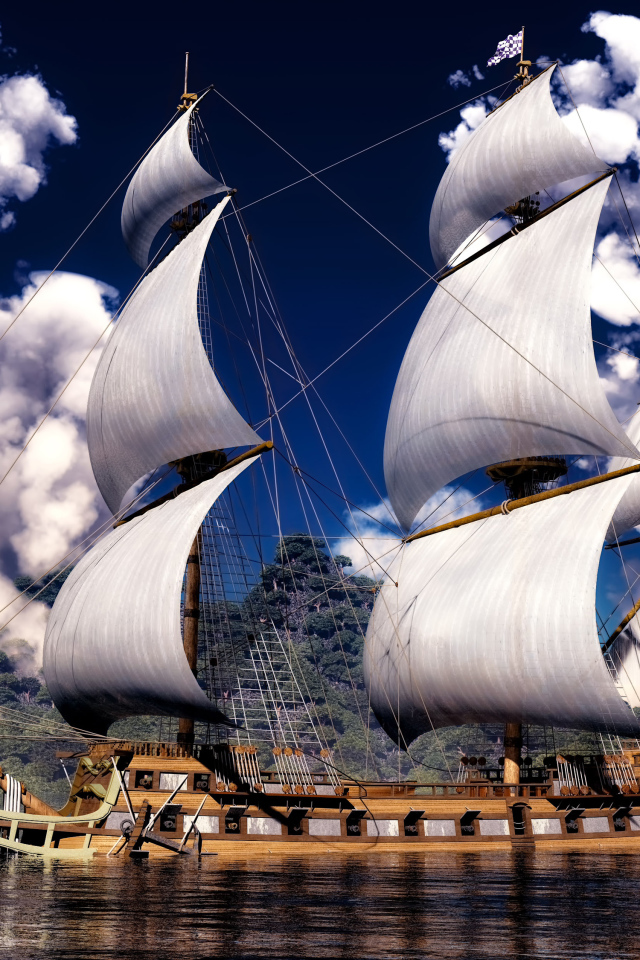 Красивое парусное судно на фоне белых облаков