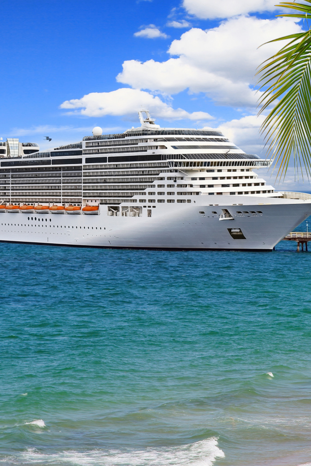 Большой белый круизный лайнер у причала на тропическом пляже