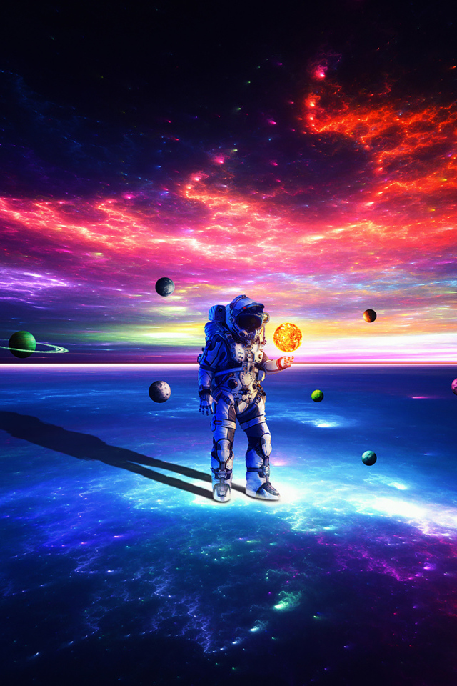 Астронавт на поверхности земли с планетами