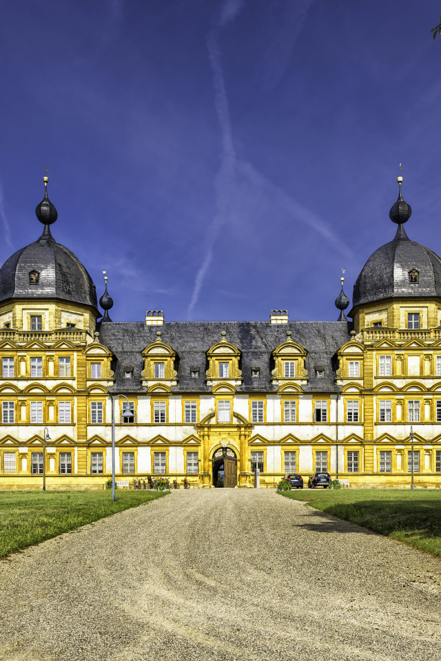 Schloss Seehof Castle under a beautiful blue sky, Germany