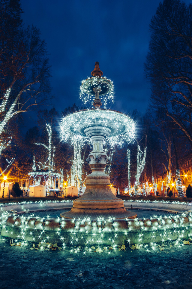 Красивый фонтан с гирляндами в городе вечером