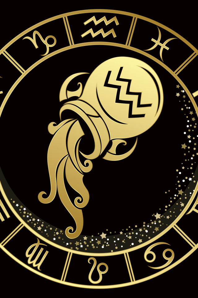 Золотой знак  зодиака водолей на черном фоне