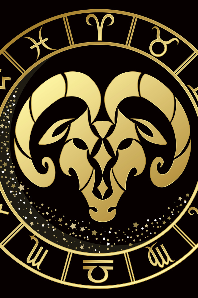 Золотой знак зодиака овен на черном фоне