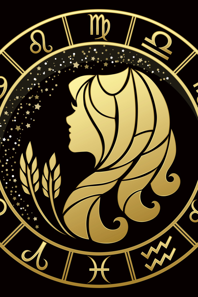 Золотой знак  зодиака дева на черном фоне