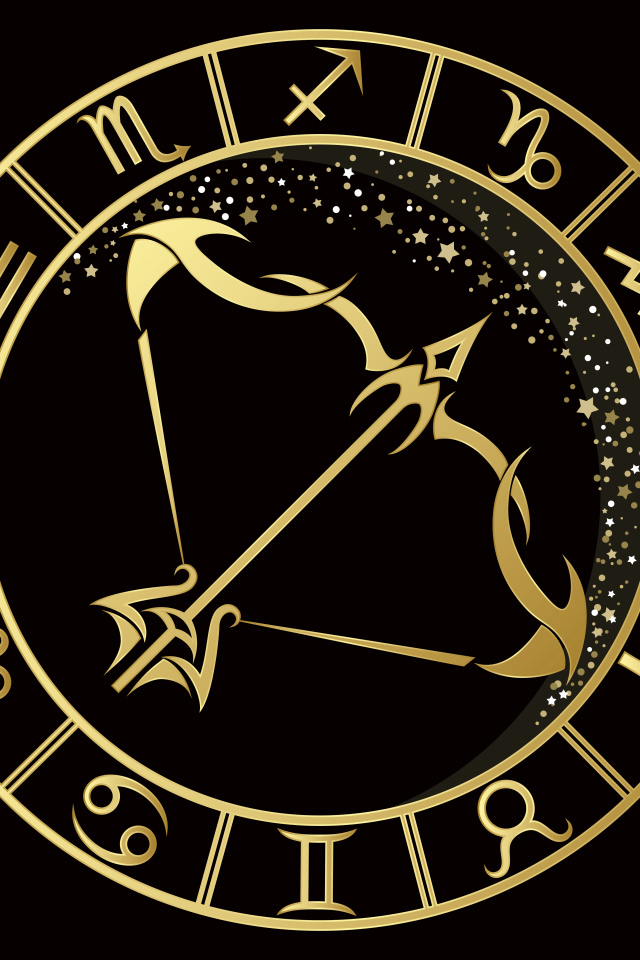Золотой знак зодиака стрелец на черном фоне