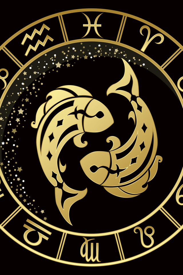 Золотой знак зодиака рыбы на черном фоне