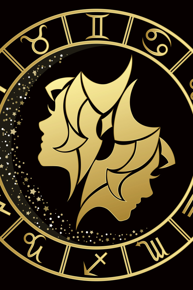 Золотой знак зодиака близнецы на черном фоне