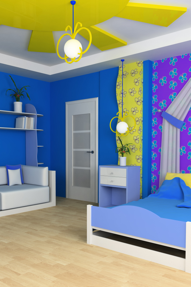 Красивая детская комната с кроватью и диваном с яркими синими стенами