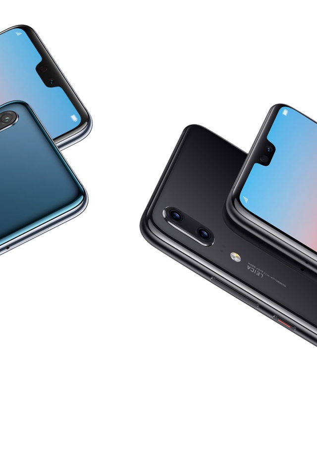 Красивые тонкие смартфоны Huawei P20 Pro на белом фоне