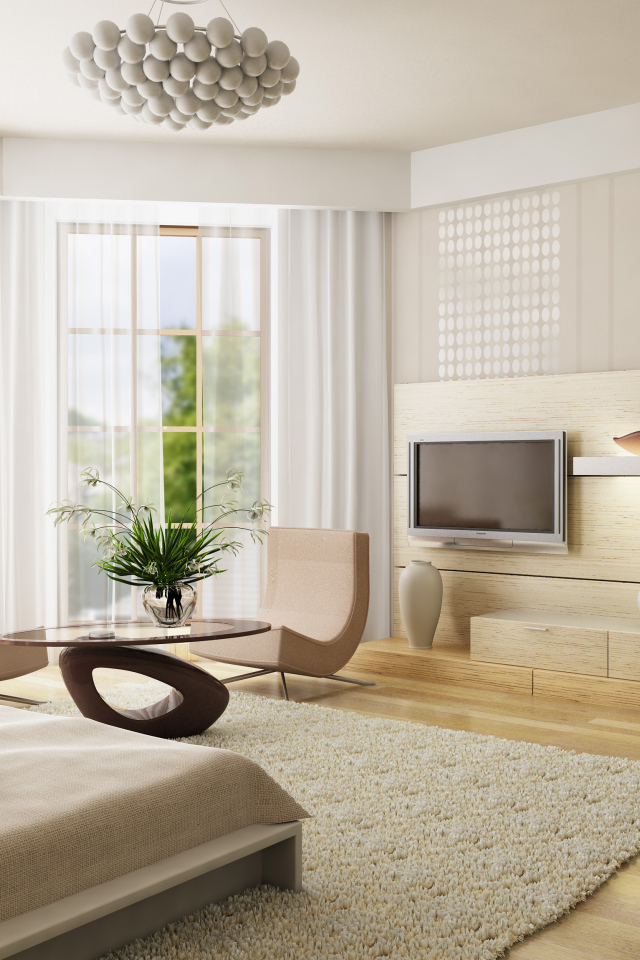 Спальня с журнальным столиком, телевизором и большими окнами