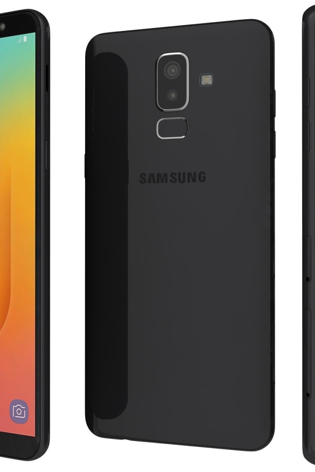Черный смартфон Samsung Galaxy J8 на белом фоне