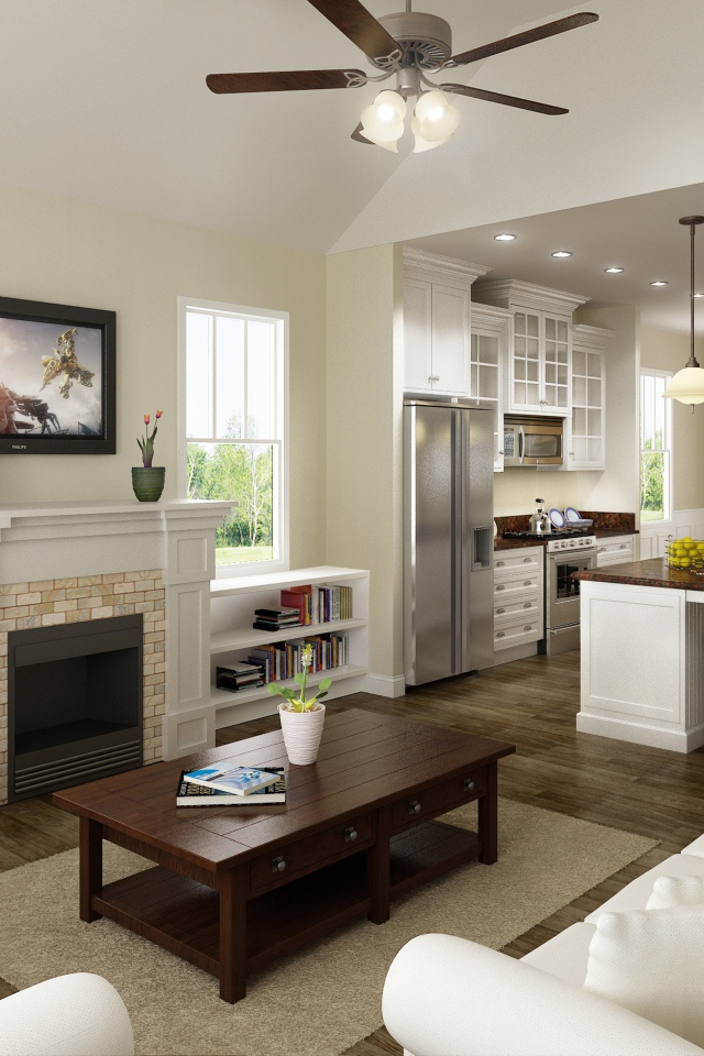 Светлая гостиная комната с кухней 