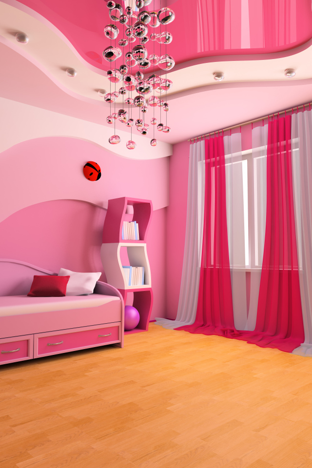 Детская комната в ярком розовом цвете с необычной люстрой 