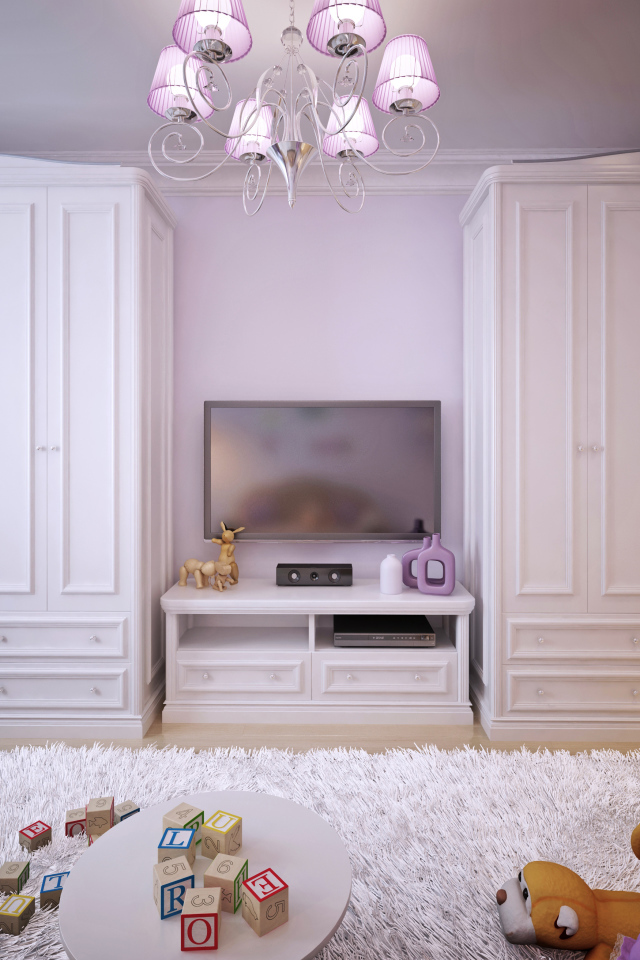 Детская комната с двумя большими белыми шкафами 