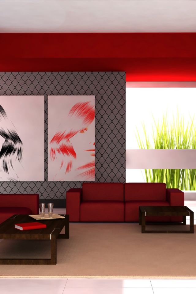 Проект гостиной комнаты с красными кожаными диванами 