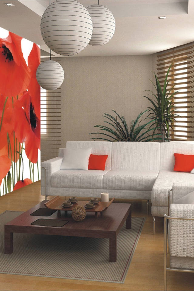 Гостиная комната с диваном и картиной с маками на стене 