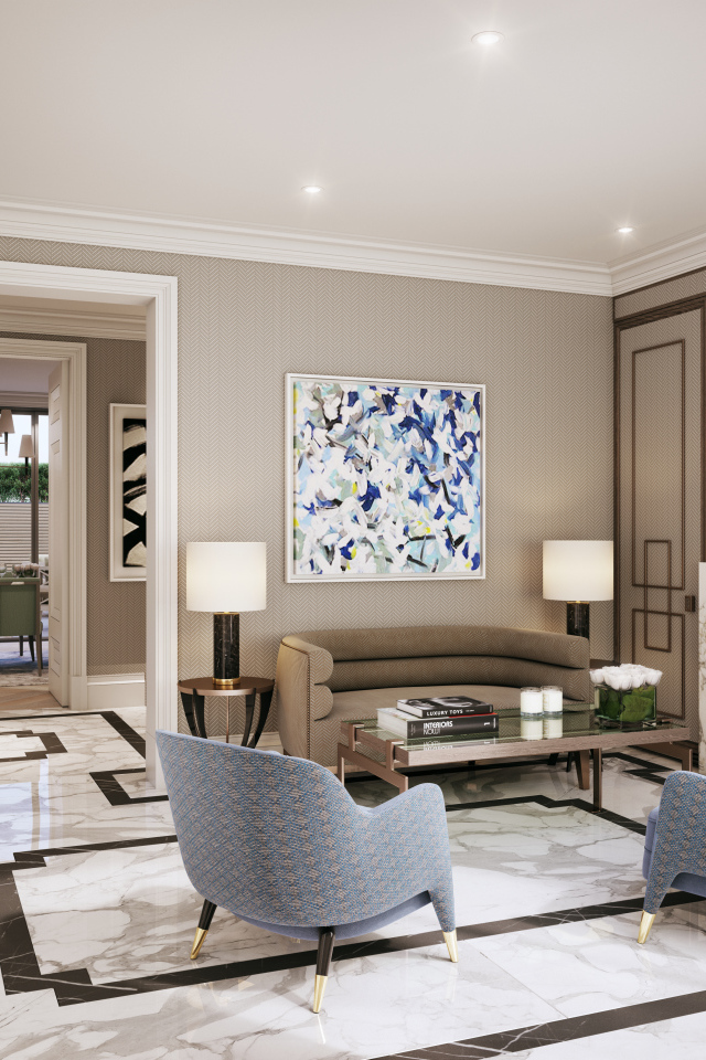 Гостиная с камином  и большой картиной на стене