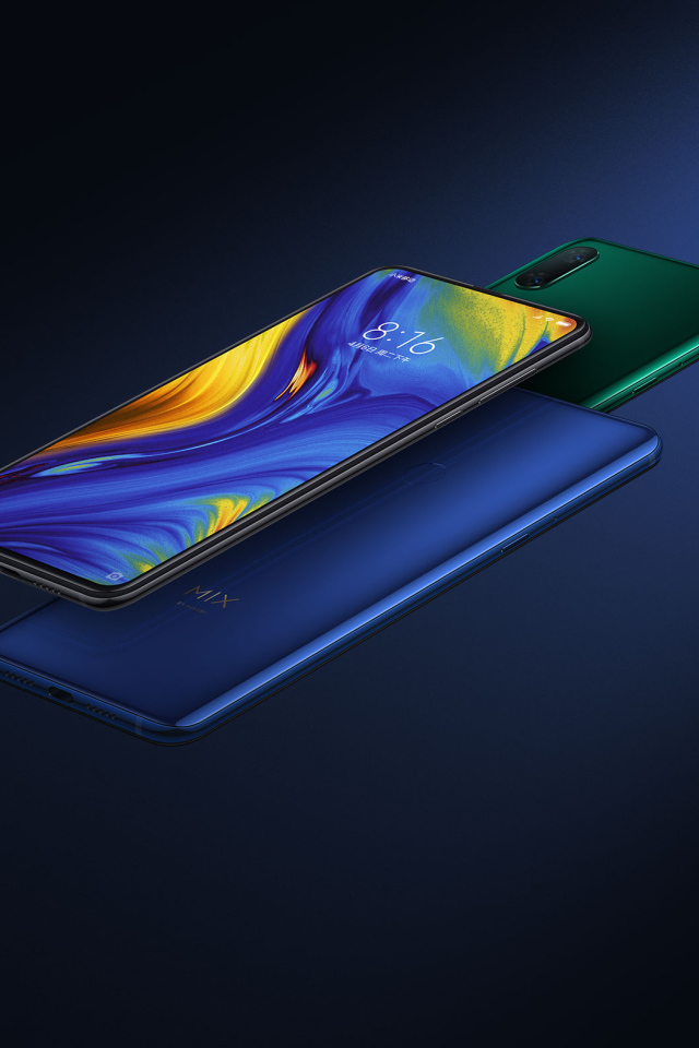 Новый безрамочный смартфон слайдер Xiaomi Mi Mix 3 на синем фоне