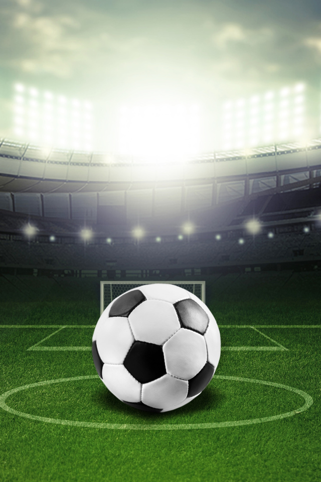 Soccer ball lying on a soccer field in a stadium