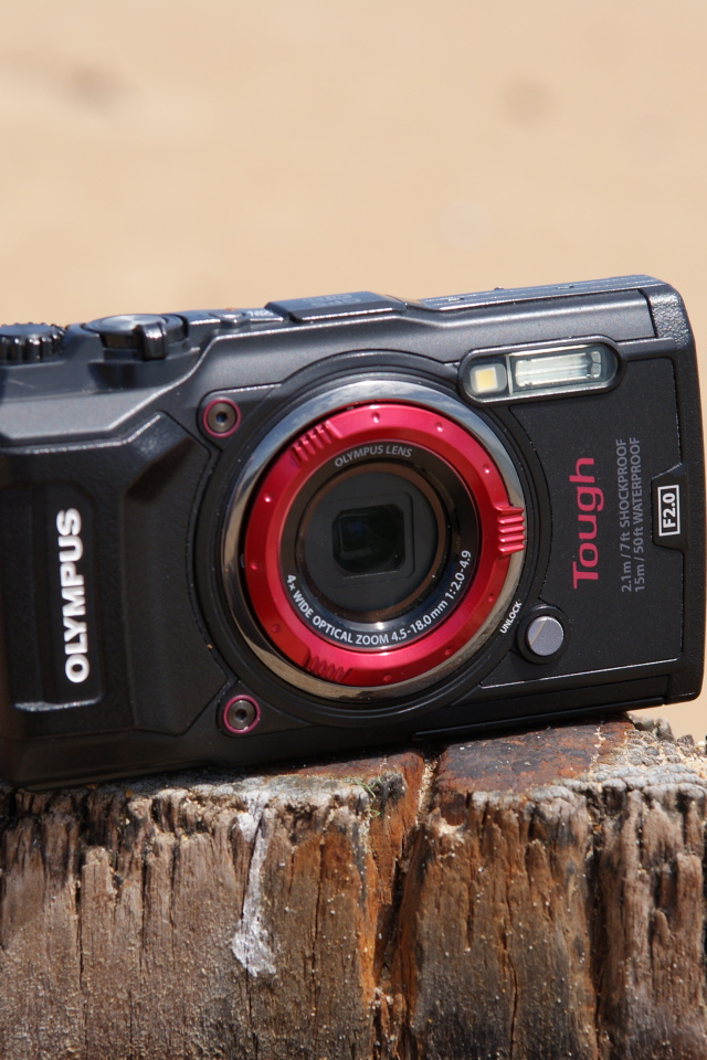 Стильный фотоаппарат Olympus Tough TG-5 стоит на пне