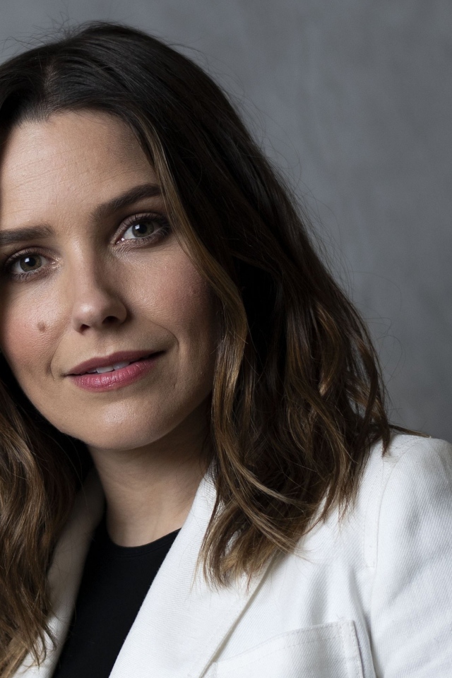 Стильная девушка, актриса София Буш на сером фоне