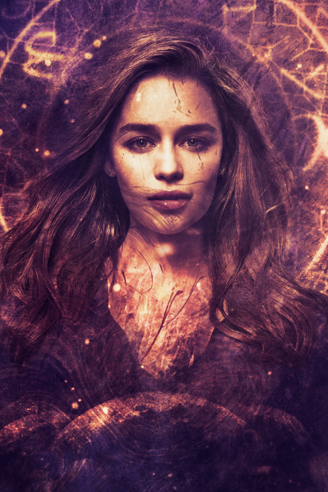 Лицо актрисы Эмилии Кларк на светящемся фоне,  фентези