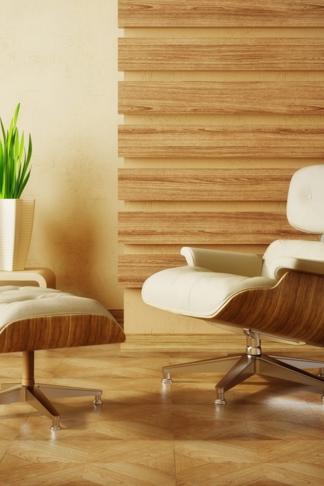 Мягкое кресло в комнате с деревянным интерьером 