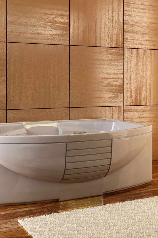 Белая ванная на фоне коричневой стены 