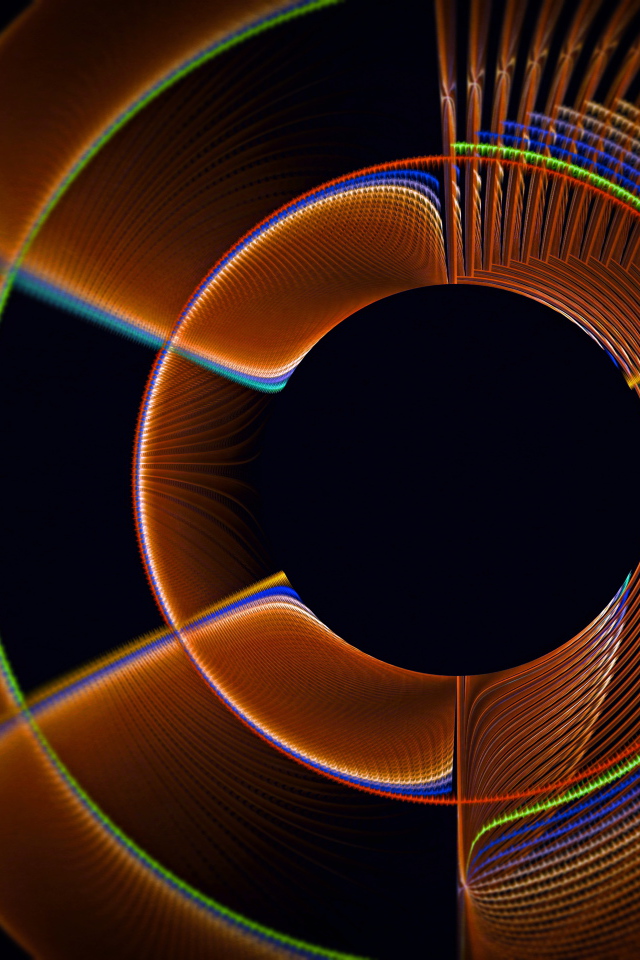 Коричневый фрактальный рисунок с радужными линиями на черном фоне