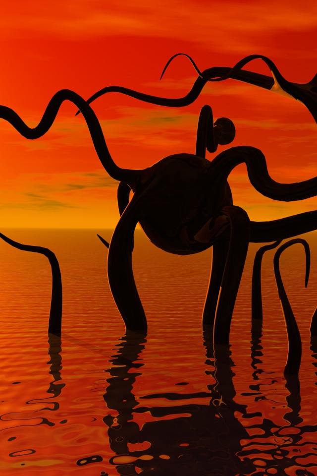 Фантастическое животное в спокойной морской воде на закате солнца