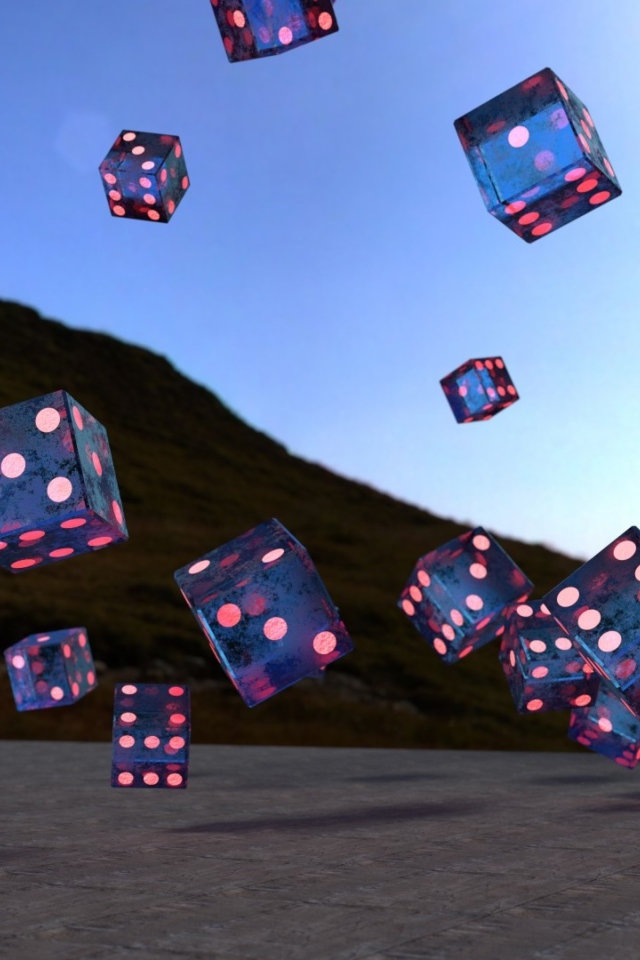 Летающие игральные кости над дорогой, 3д графика