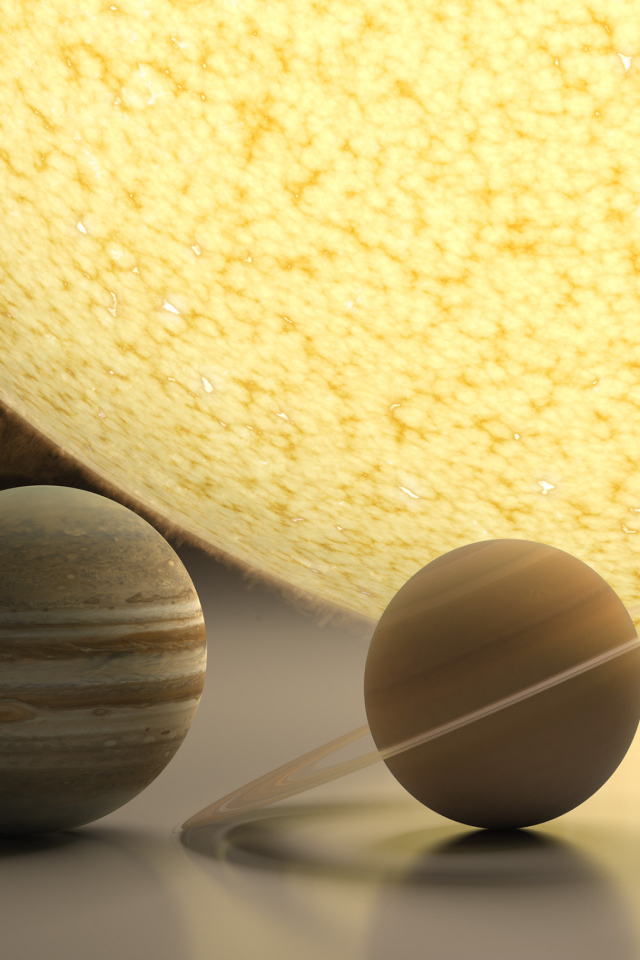 Models of planets in the yellow sun, 3D graphics