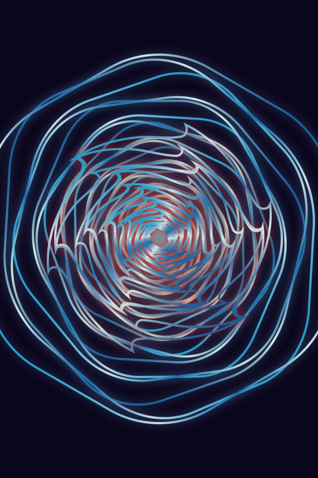 Неоновые фрактальные волны в рисунке на синем фоне