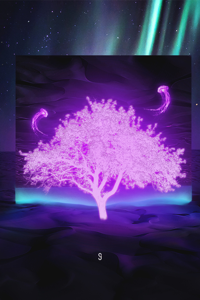 Неоновое дерево в пустыне на фоне неба с северным сиянием