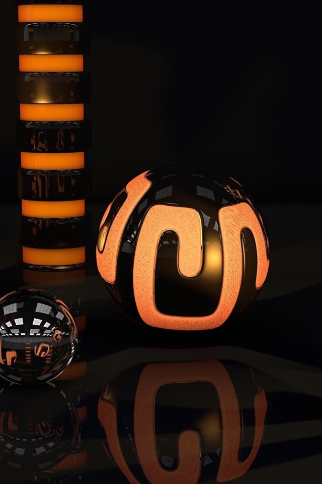 Оранжево-черные 3д шары отражаются в поверхности 