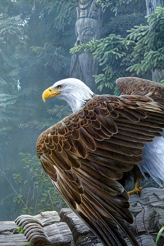 Большой белоголовый орлан сидит на столбе 