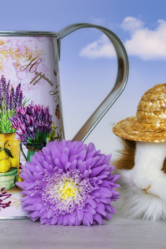 Guinea pig on a table with a watering can and a flower