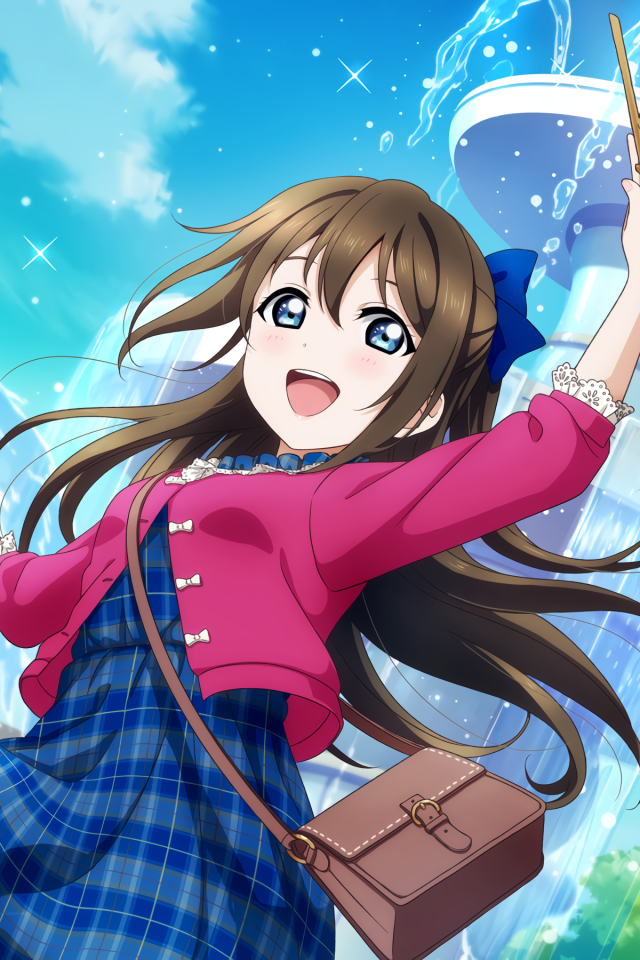 Девушка аниме в платье стоит у фонтана