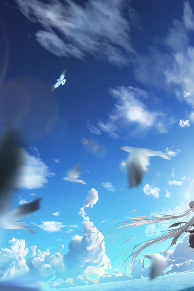Девушка аниме на фоне голубого неба с птицами